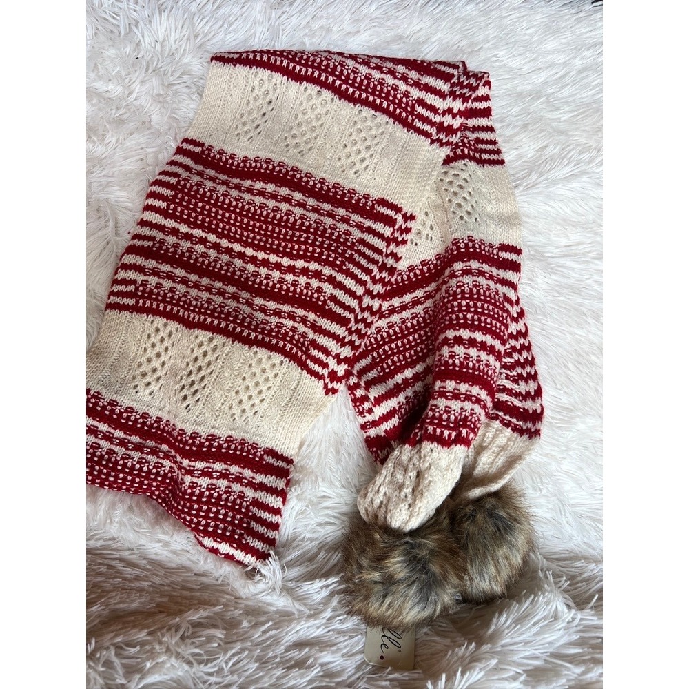 Noelle Knit Scarf OS Red Cream Striped Nordic Alpine Pointelle Faux Fur Pom Poms